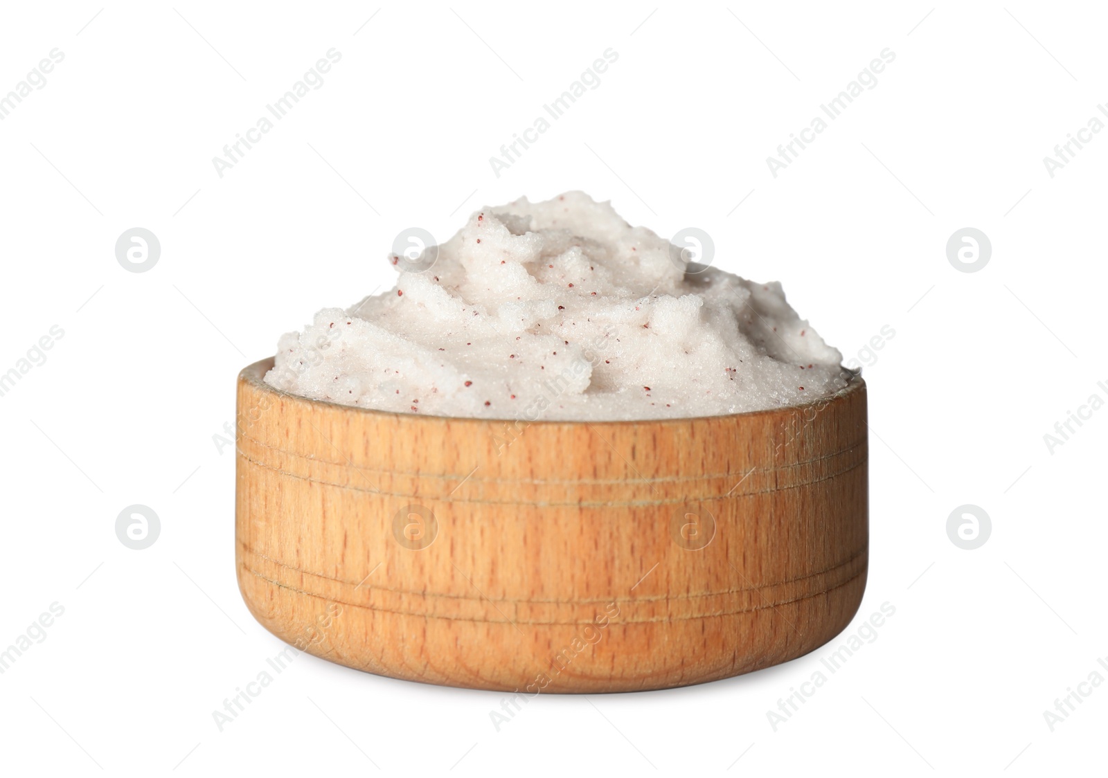 Photo of Wooden bowl of body scrub isolated on white