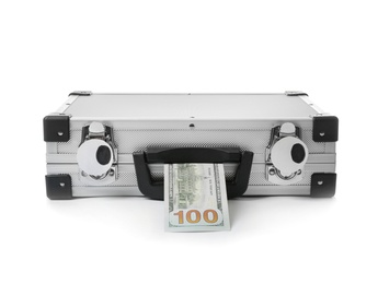 Funny hard case and money on white background