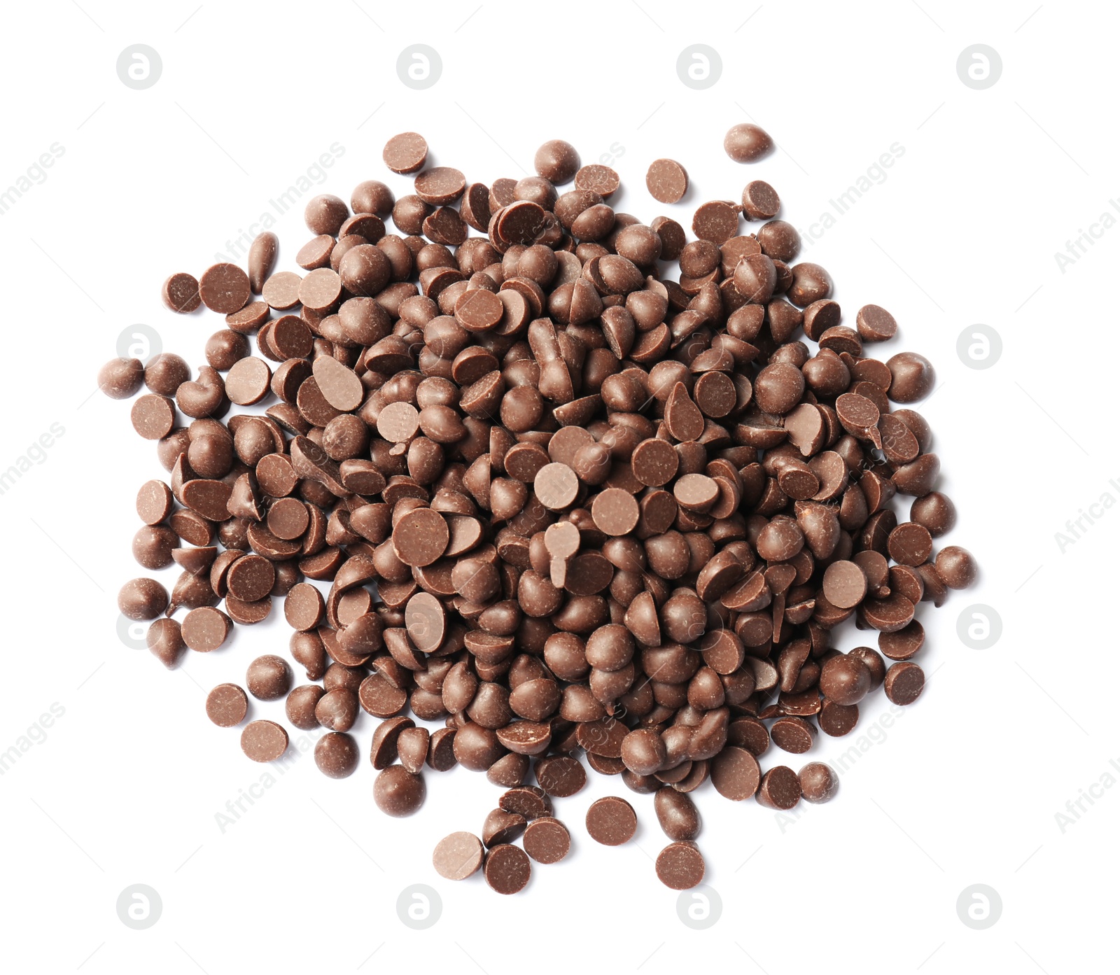 Photo of Delicious milk chocolate chips on white background