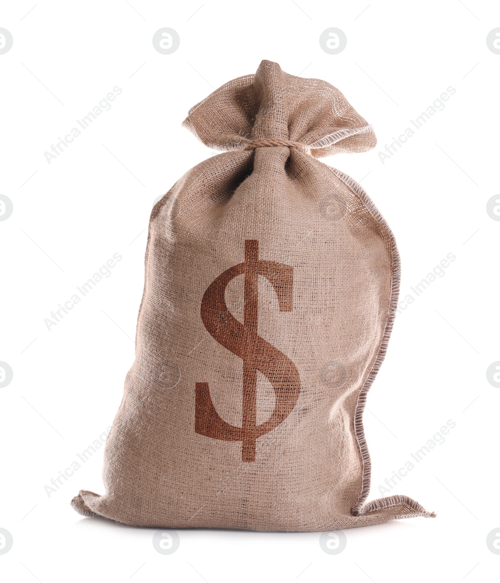 Image of Burlap bag with dollar sign on white background