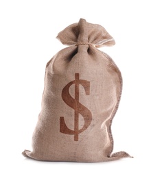 Image of Burlap bag with dollar sign on white background