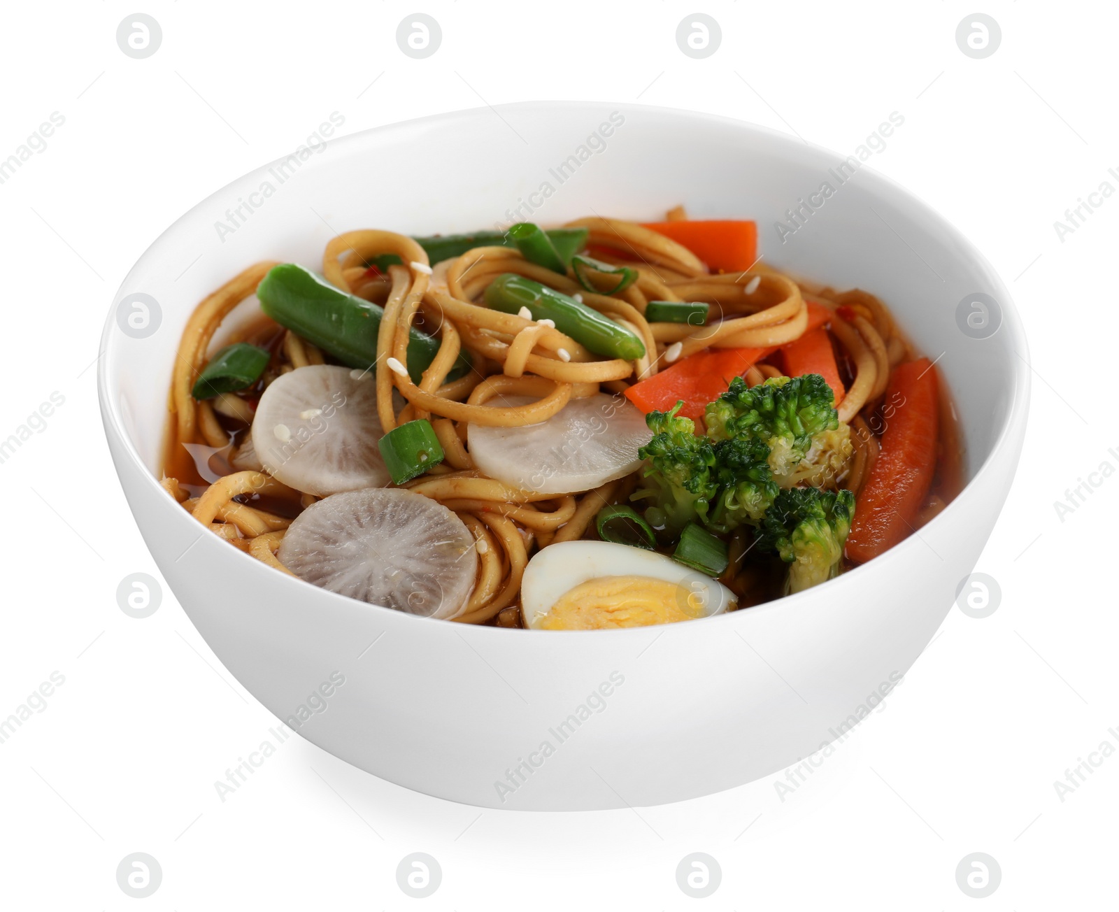 Photo of Tasty ramen with noodles and vegetables isolated on white