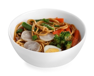 Photo of Tasty ramen with noodles and vegetables isolated on white