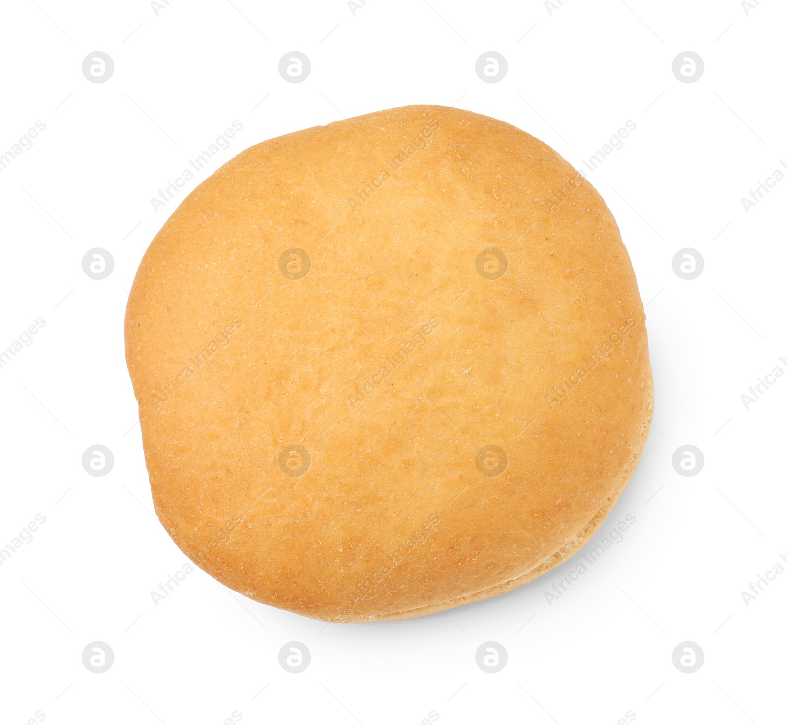 Photo of One fresh hamburger bun isolated on white, top view