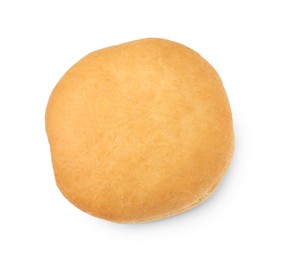 Photo of One fresh hamburger bun isolated on white, top view