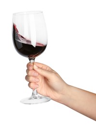 Woman with glass of wine isolated on white, closeup