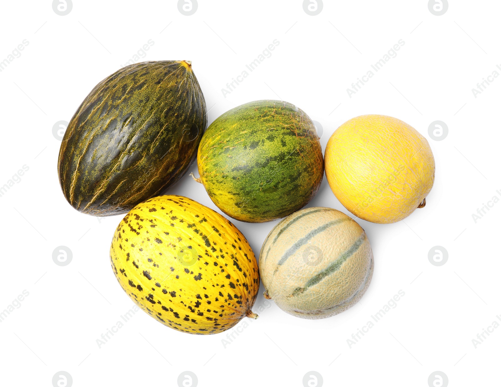 Photo of Tasty colorful ripe melons on white background, top view