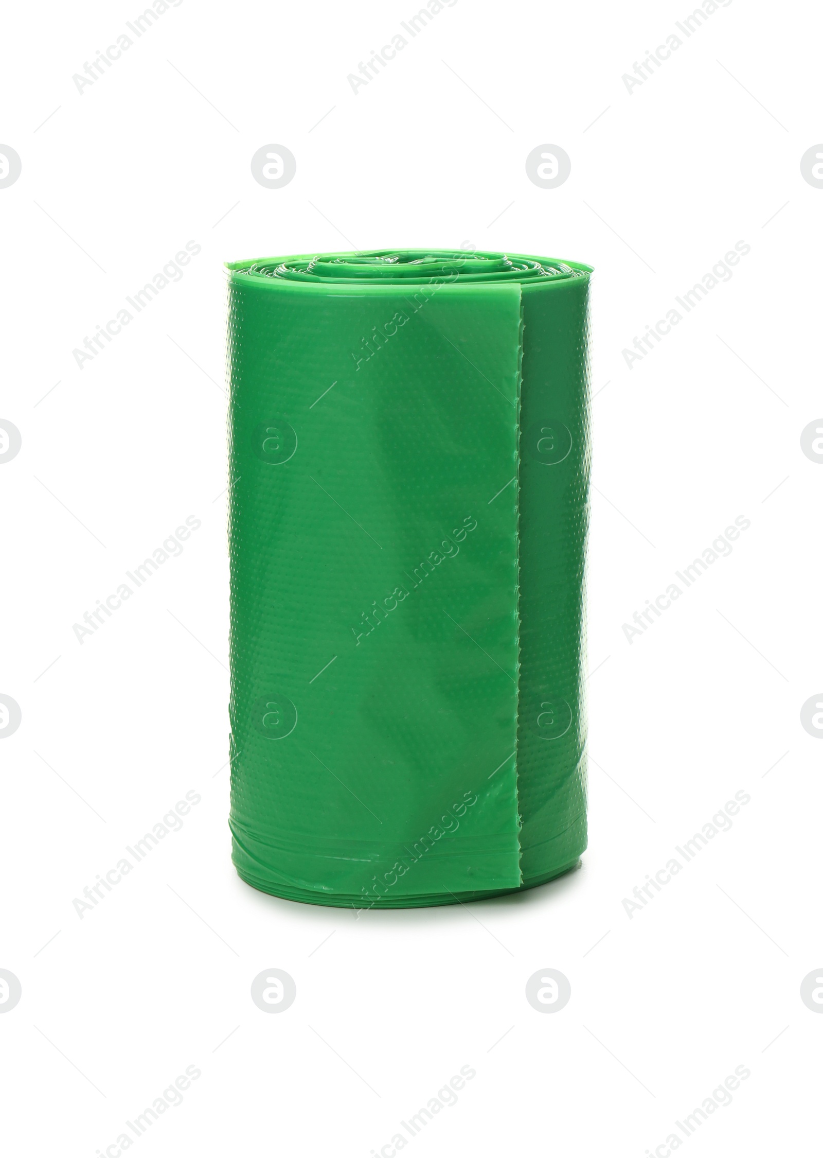 Photo of Garbage bag roll on white background. Cleaning supplies