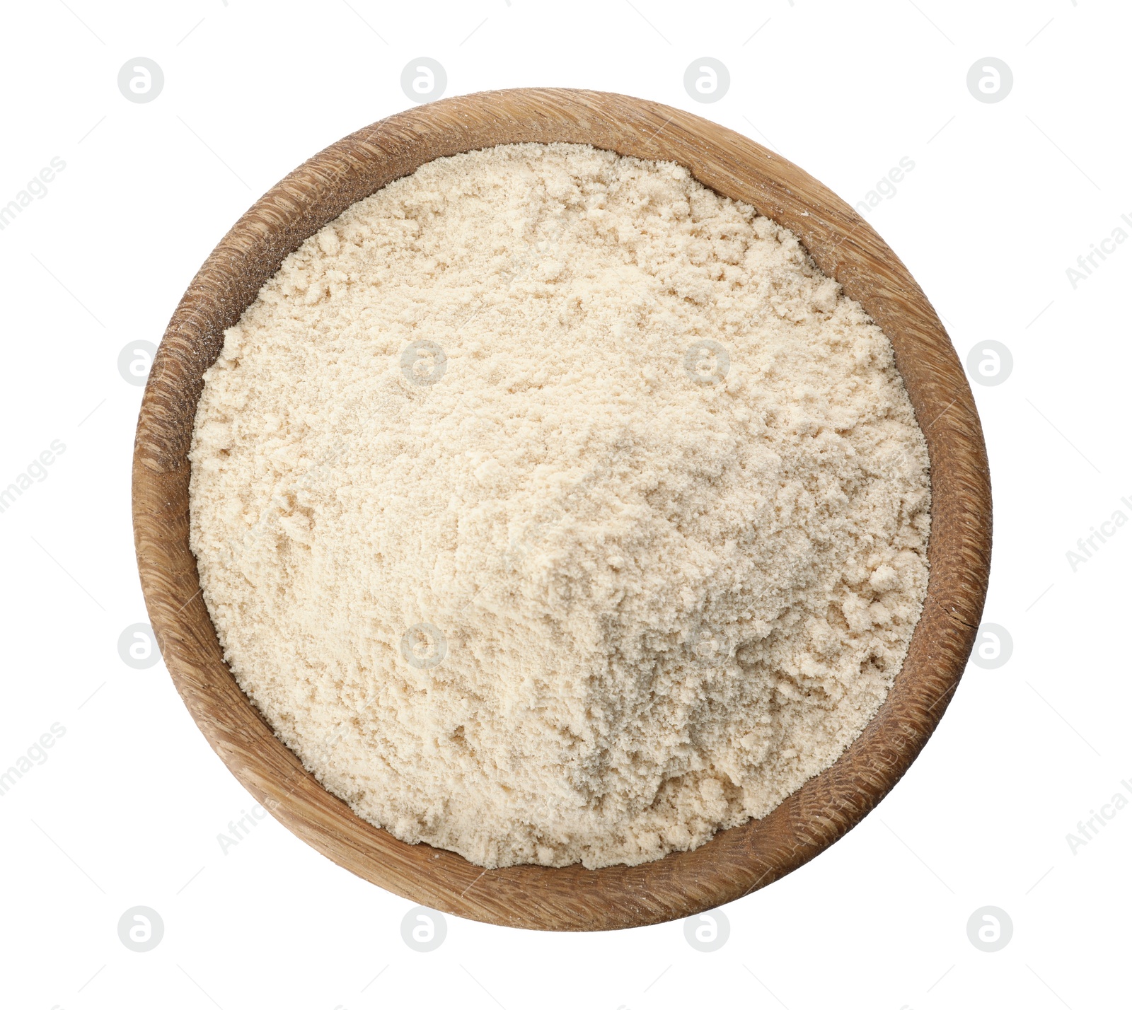 Photo of Bowl of sesame flour isolated on white, top view