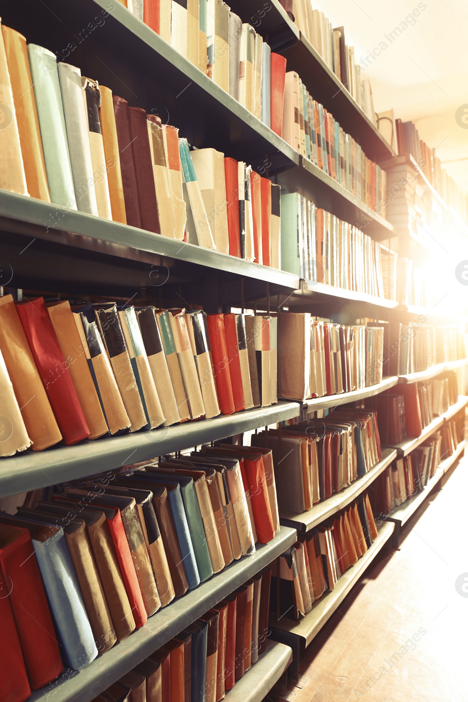 Image of Collection of different books on shelves in library