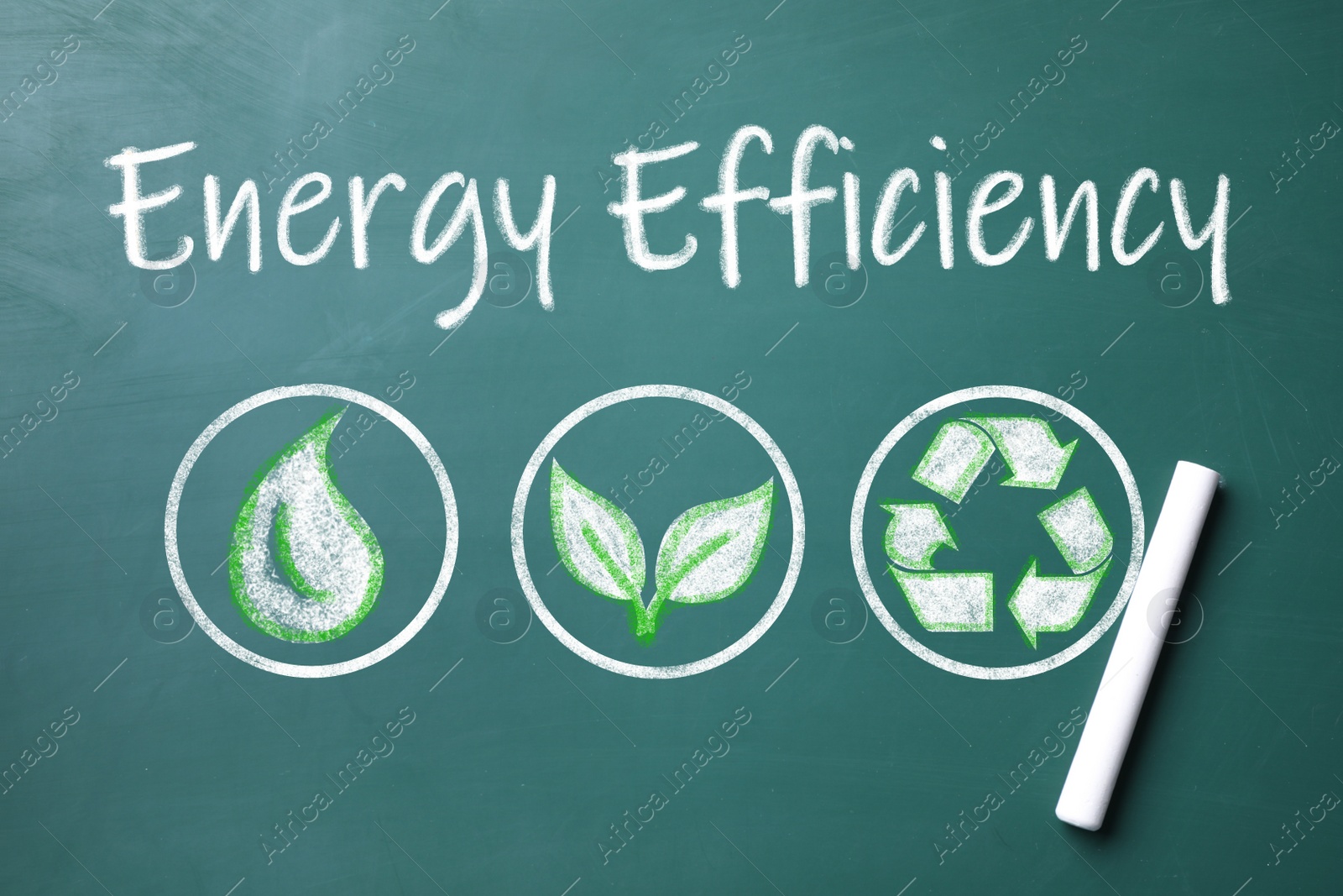 Image of Text ENERGY EFFICIENCY and different icons drawn on chalkboard