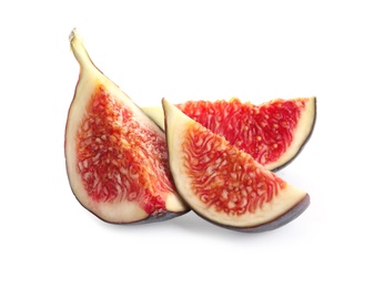 Photo of Pieces of ripe purple fig on white background