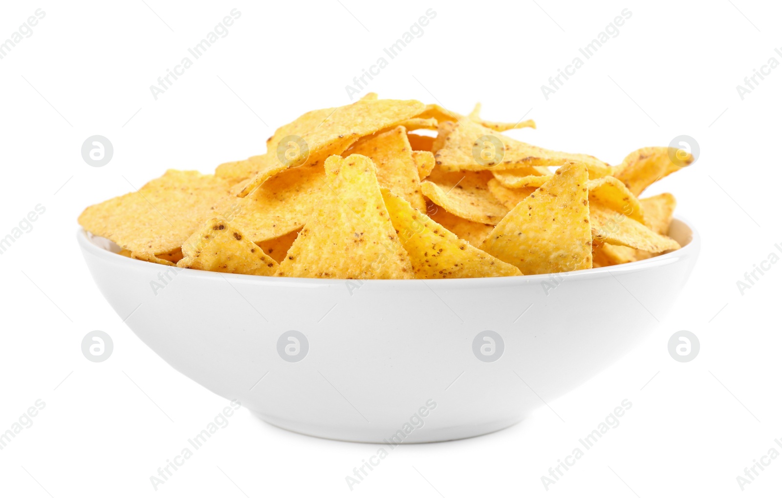 Photo of Bowl with tasty Mexican nachos chips on white background