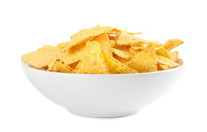 Photo of Bowl with tasty Mexican nachos chips on white background