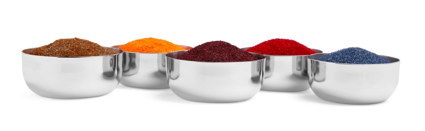 Photo of Many different food coloring on white background
