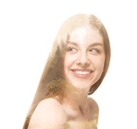 Image of Double exposure of woman and trees, sepia effect