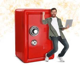 Image of Multiplying wealth, increasing savings. Happy man with laptop near big red safe surrounded by money signs on white background