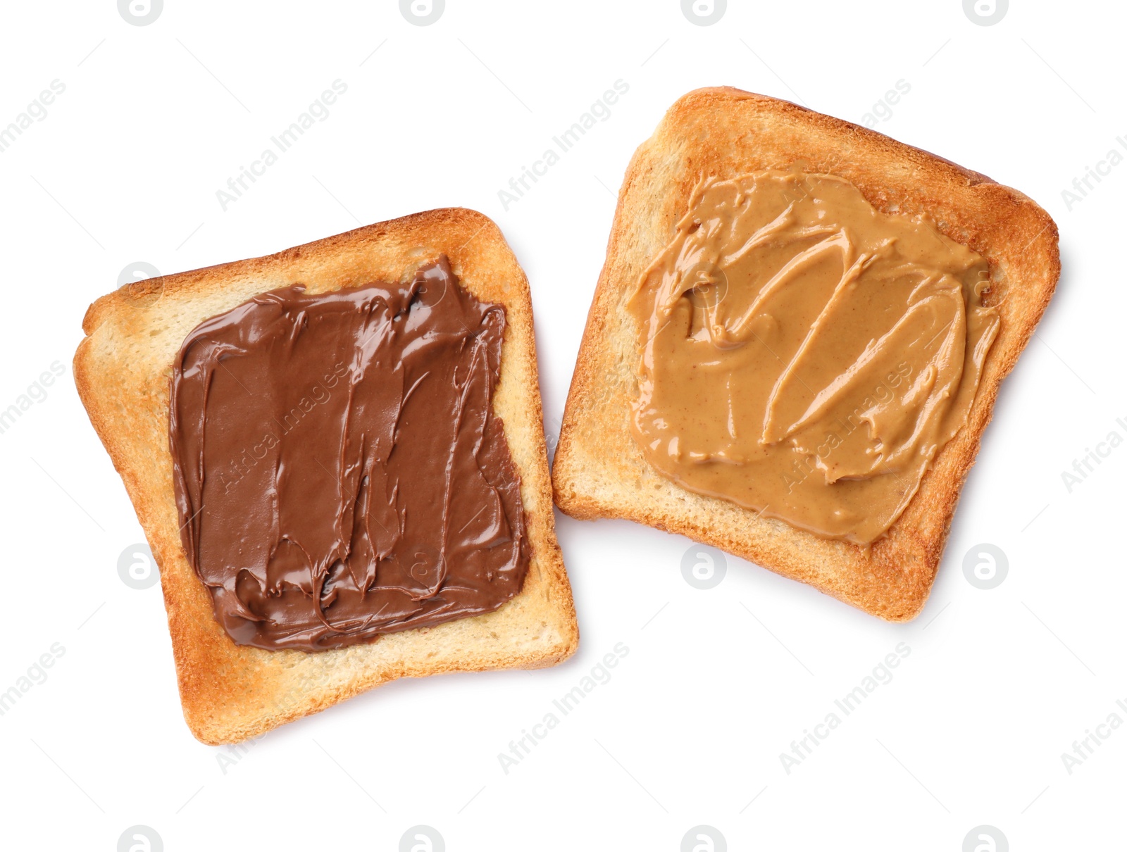 Photo of Tasty toasts with nut butter and chocolate paste on white background, top view