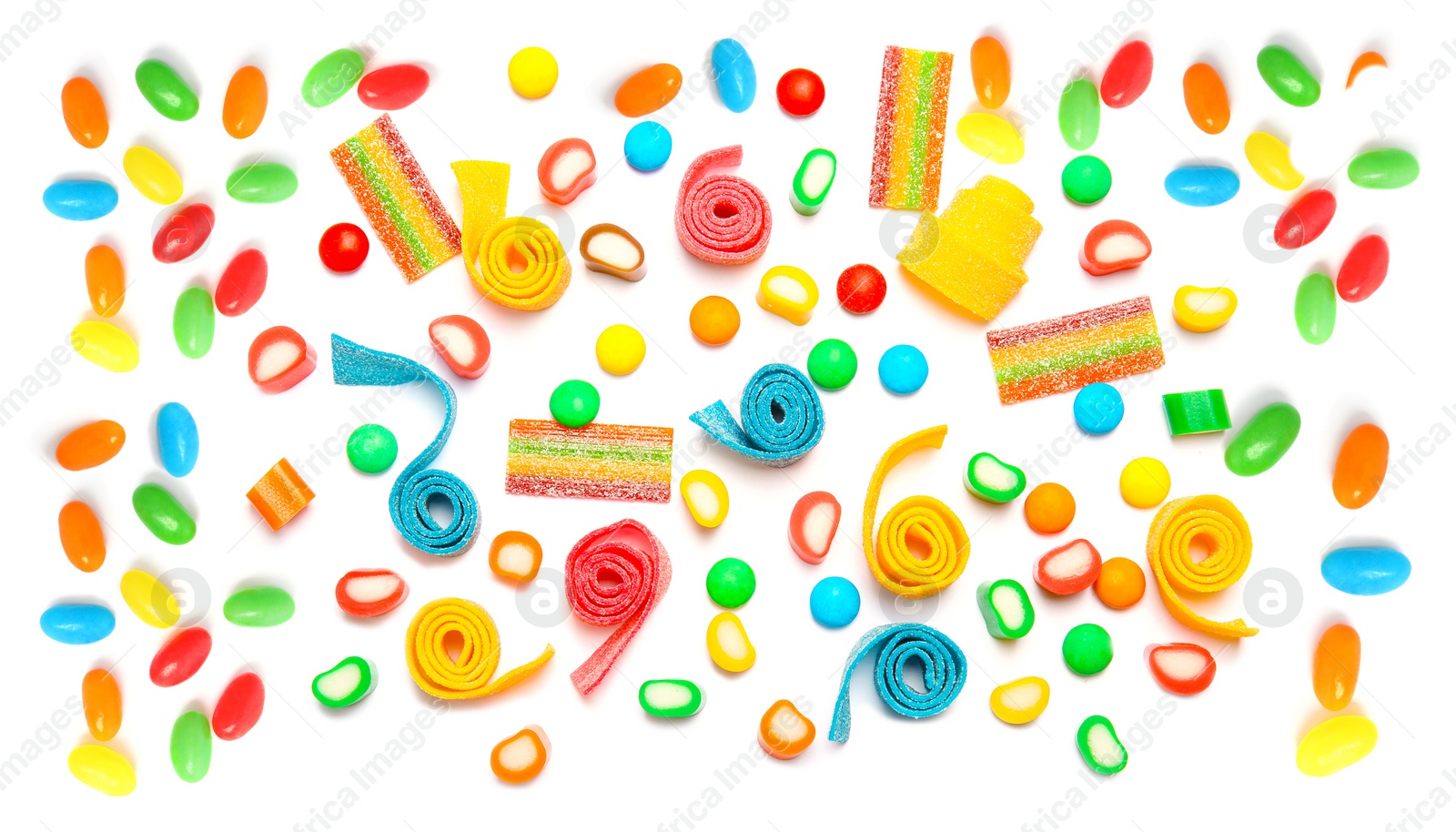 Image of Different tasty candies isolated on white, top view