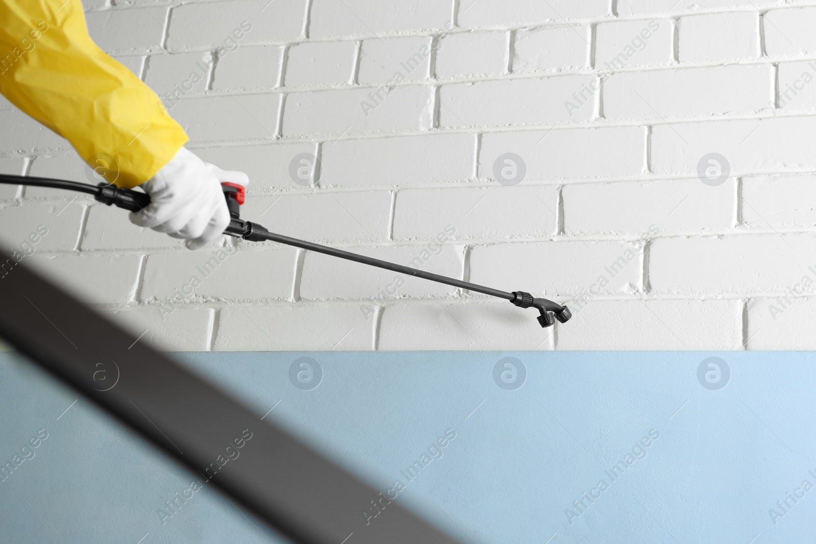 Photo of Pest control worker spraying pesticide indoors, closeup