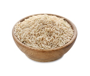 Photo of Wooden bowl with brown rice on white background