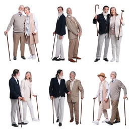 Collage with photos of senior men and woman with walking canes on white background