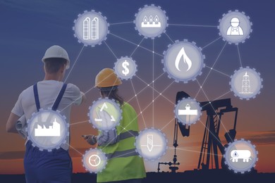 Image of Professional engineers, illustration of different icons and gas pumps silhouettes on background