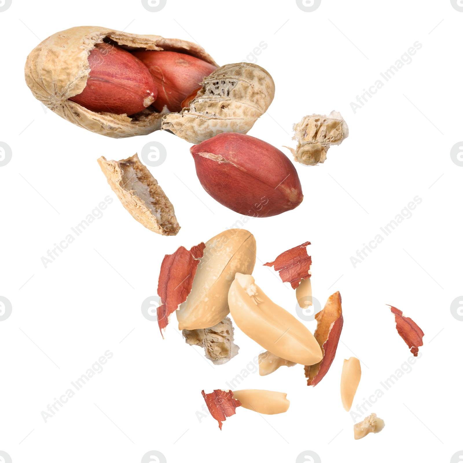 Image of Peanuts and crushed pod in air on white background