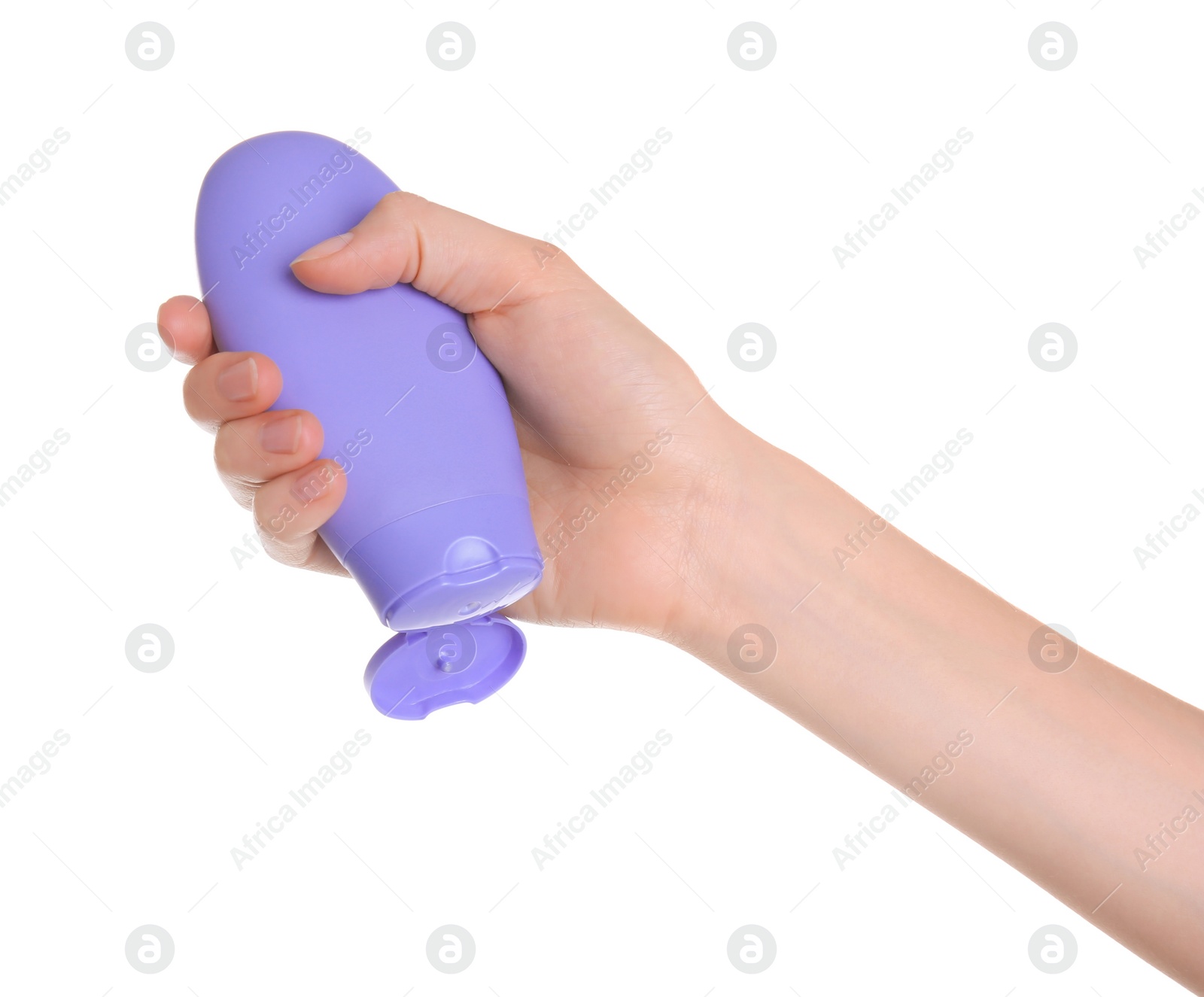 Photo of Young woman holding bottle with hand cream on white background