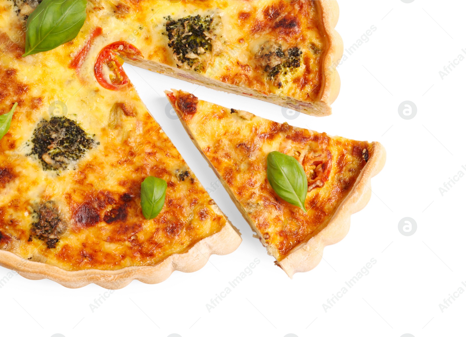 Photo of Delicious homemade vegetable quiche isolated on white, top view