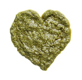 Photo of Heart shaped sample of tasty pesto sauce isolated on white, top view