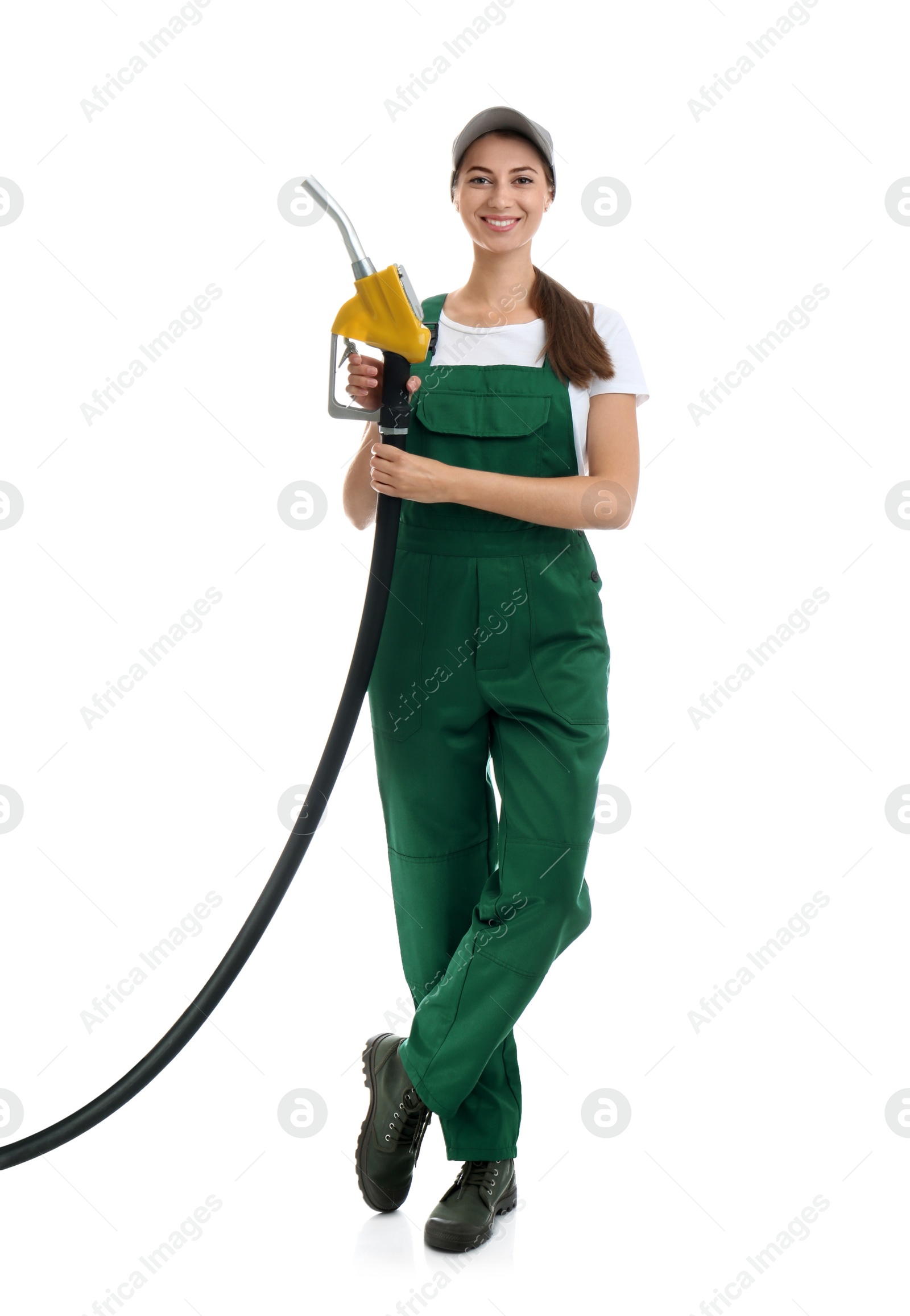 Photo of Gas station worker with fuel nozzle on white background