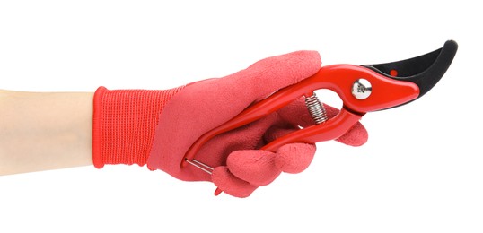 Photo of Woman in gardening glove holding secateurs on white background, closeup
