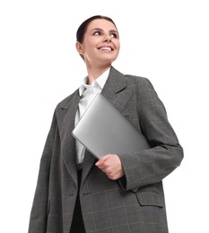 Beautiful businesswoman with laptop on white background, low angle view