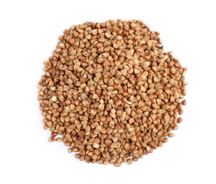 Photo of Uncooked buckwheat on white background, top view