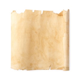 Photo of Sheet of old parchment paper on white background, top view