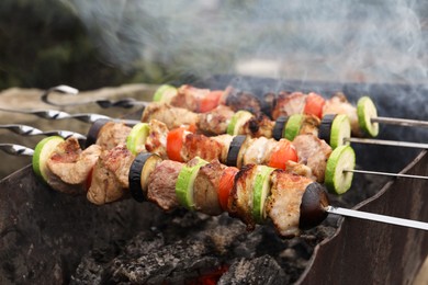 Photo of Cooking meat and vegetables on brazier outdoors