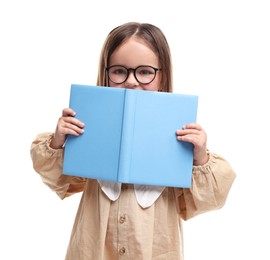 Cute little girl in glasses with open book on white background