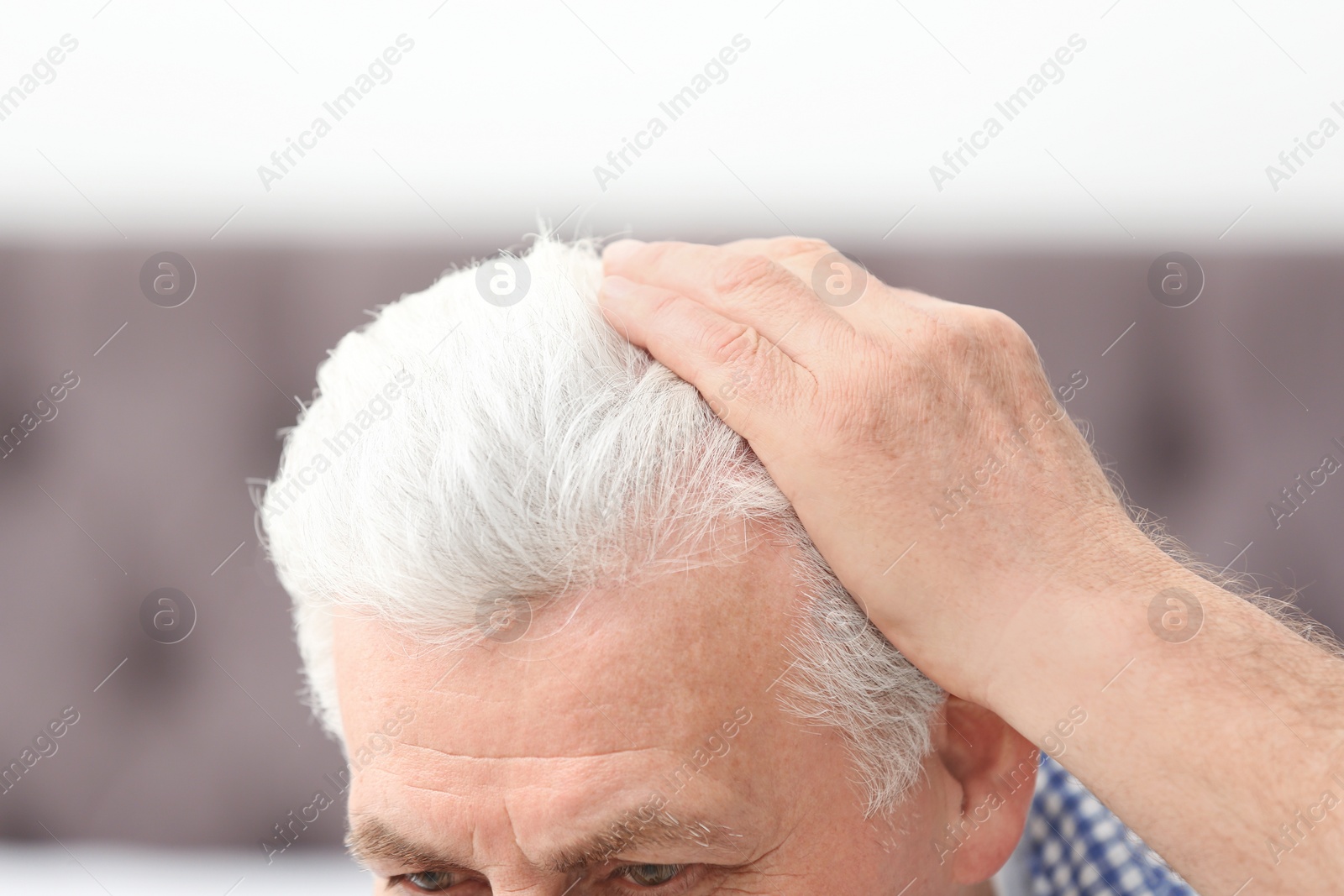 Photo of Senior man with hair loss problem indoors, closeup