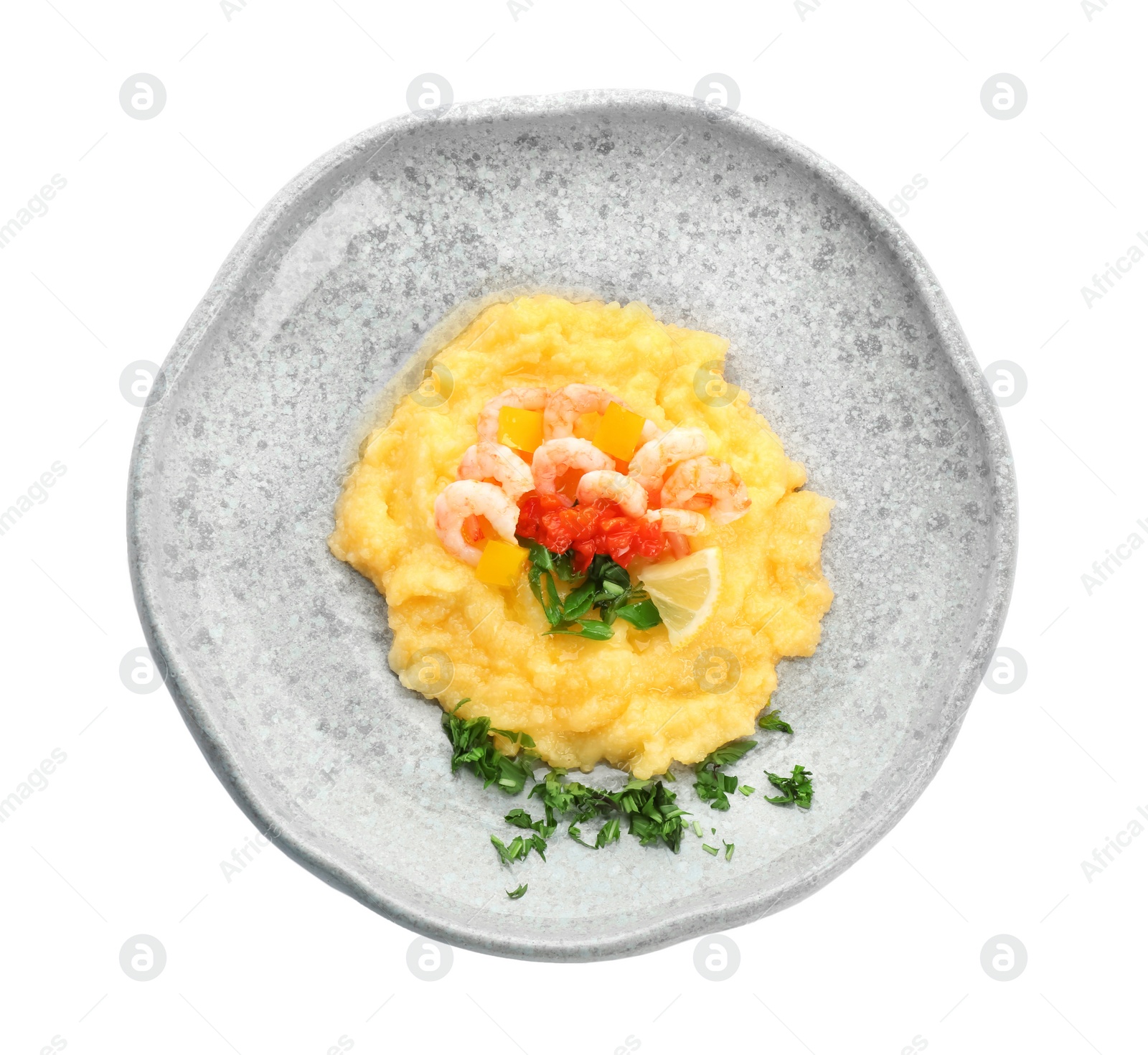 Photo of Plate with tasty shrimps and grits on white background, top view