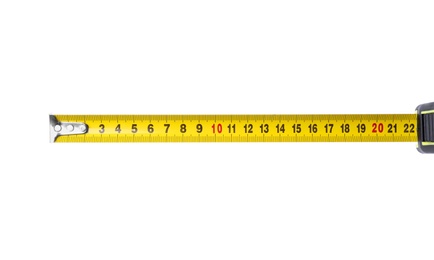 Yellow tape measure isolated on white, top view