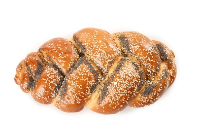 Sweet plaited challah on white background, top view. Fresh bread