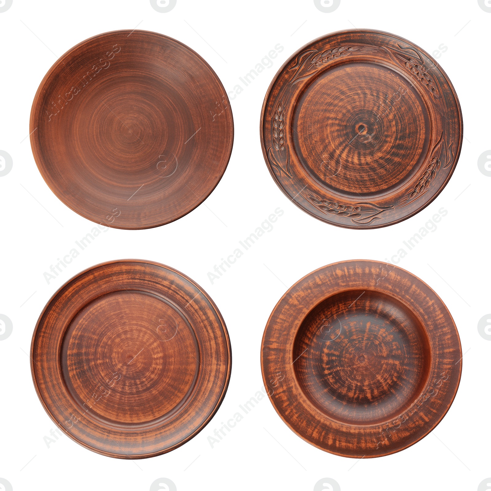 Image of Set with clay plates on white background, top view