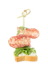 Photo of Tasty canape with salami, greens and cream cheese isolated on white