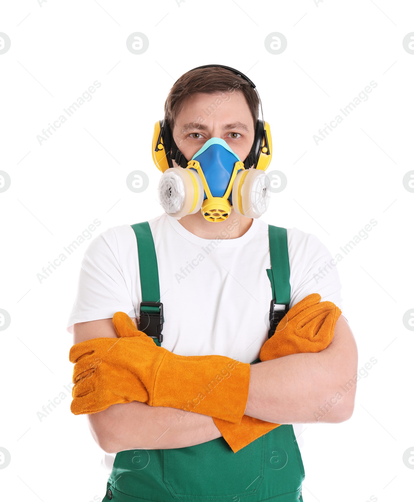 Photo of Male industrial worker in uniform on white background. Safety equipment