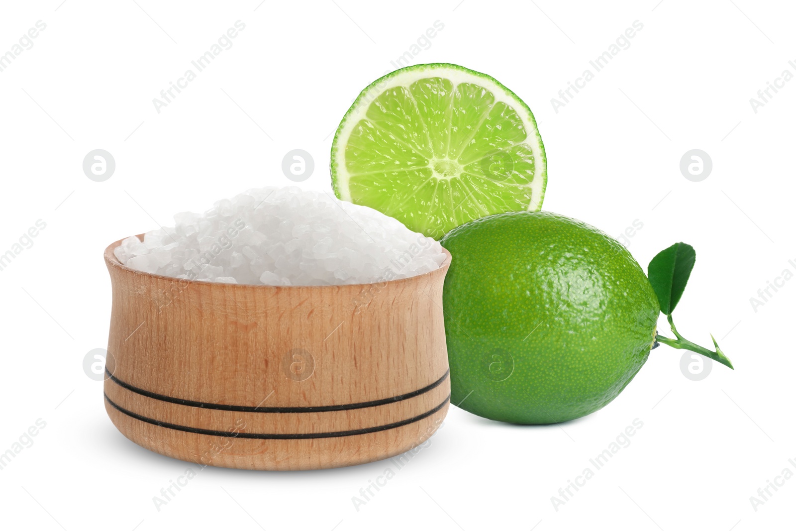 Image of Limes and salt isolated on white. Margarita cocktail ingredients