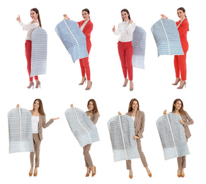 Collage of women holding hangers with clothes on white background. Dry-cleaning service