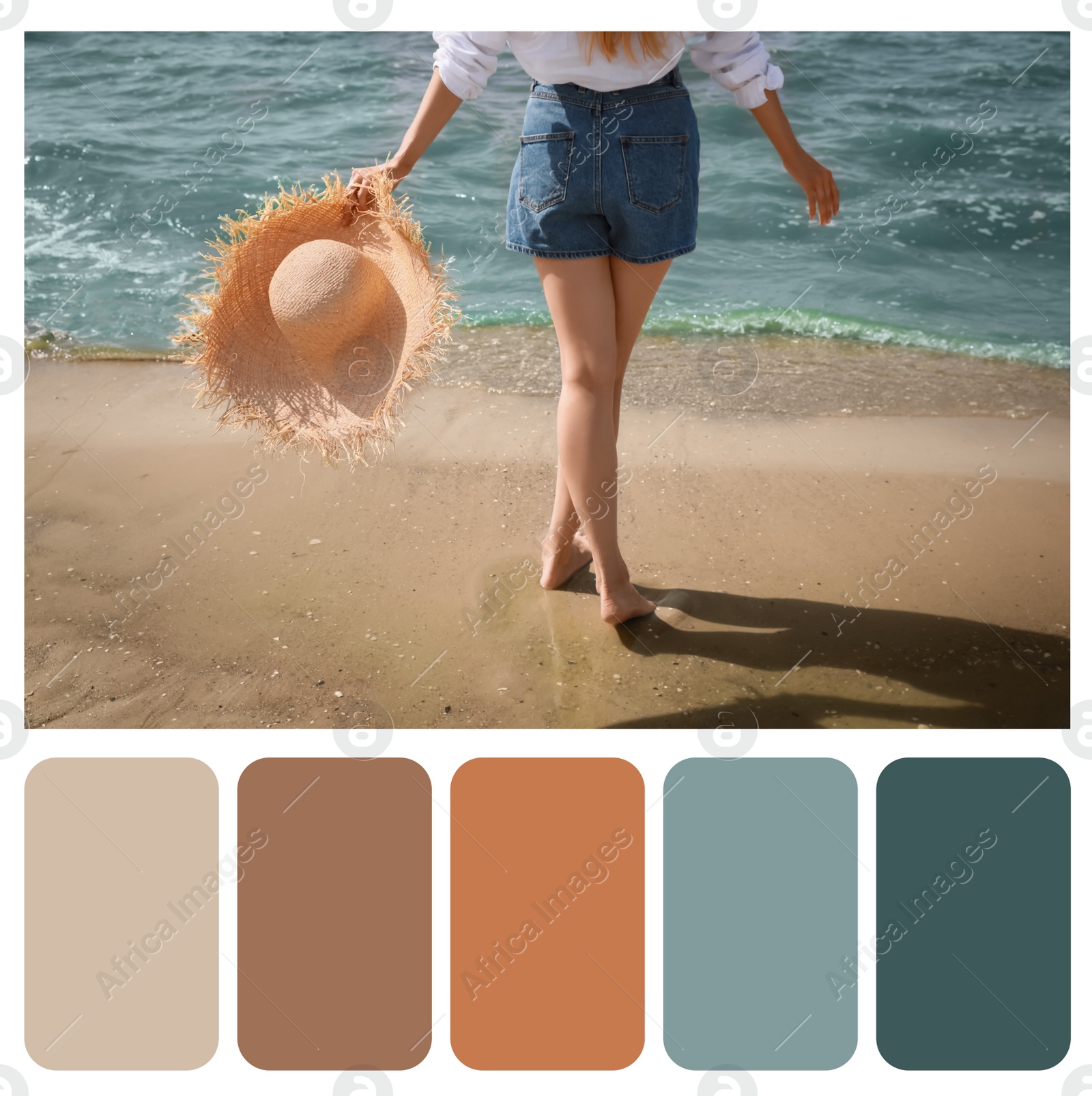 Image of Color palette appropriate to photo of young woman with straw hat near sea on sunny day