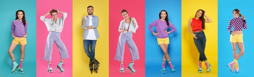 Image of Photos of young women and man with roller skates on different color backgrounds, banner collage design