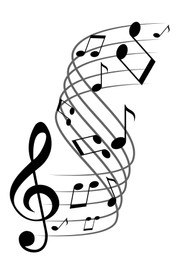 Illustration of Treble clef and swirly staff with musical notes on white background